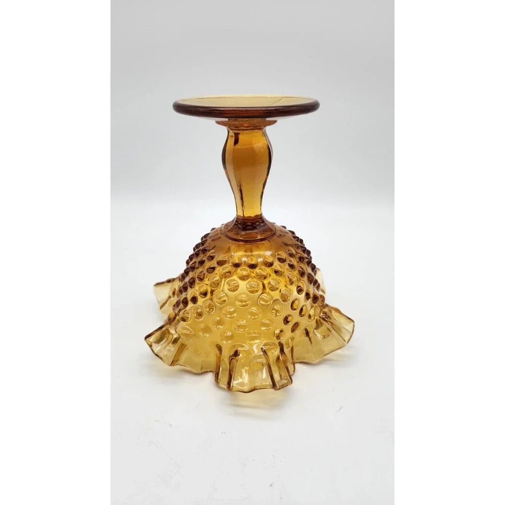 Vintage Fenton Glass Pedestal Candy Dish Compote Bowl Hobnail Amber 6 1/4